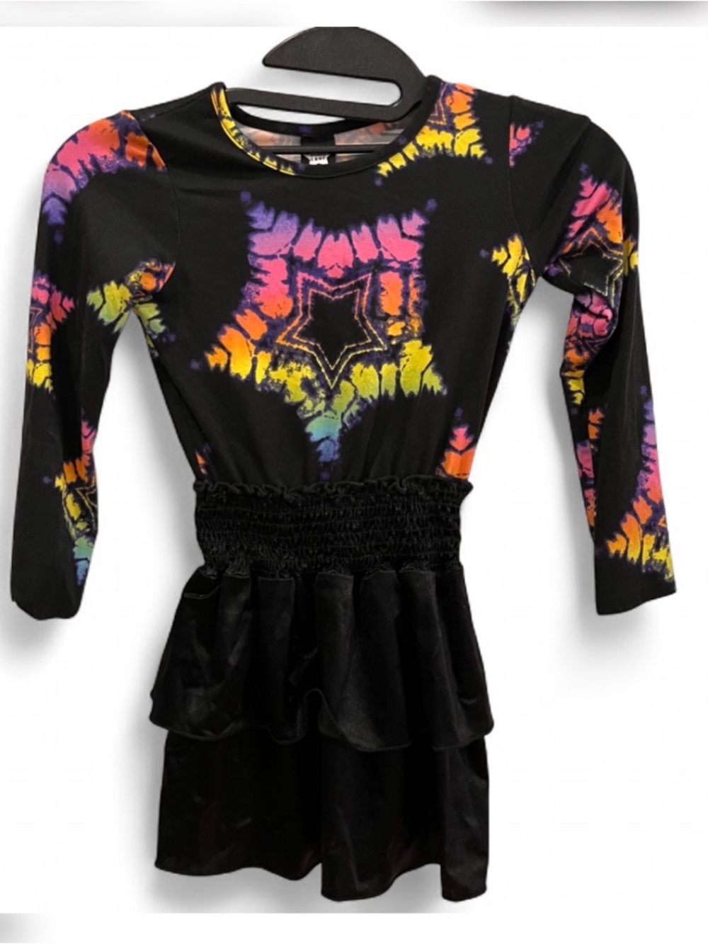 PIXIELANE - Black Tie-Dye Star Print Dress with Neon Accents